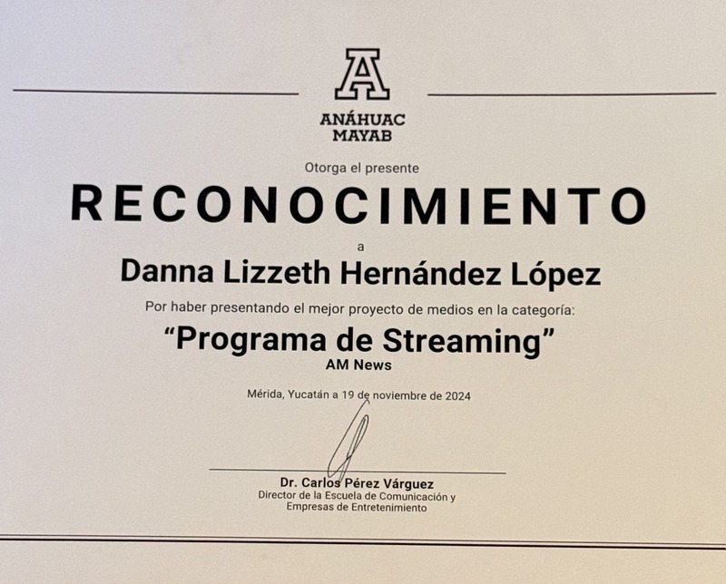 Reconocimiento a Danna Hernández por el programa AM News en 2024